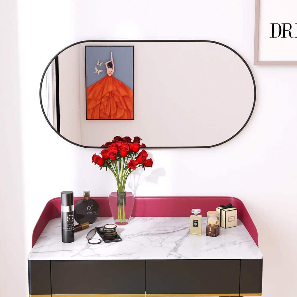 18 in. W x 35 in. H Oval Metal Framed Wall Bathroom Vanity Mirror in Matte 
