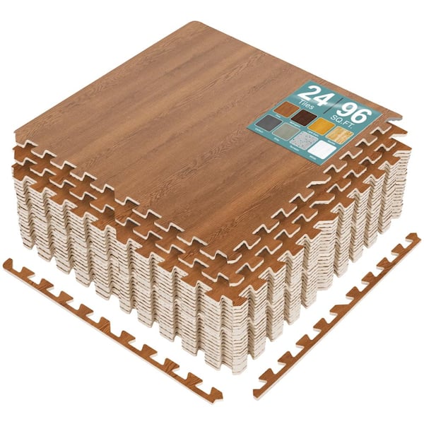 Pecan 24 in. W x 24 in. L x .38 in Thick Foam Gym Flooring Mat (96 sq. ft.), Wood Grain Floor Interlocking Tiles