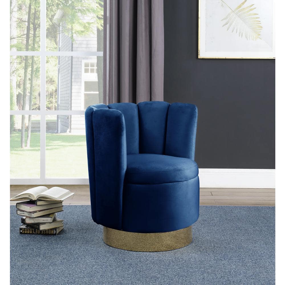 Ellis Blue Velvet Swivel Barrel Accent Chair with Wood Base