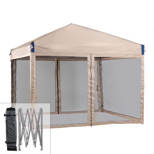 Aoodor 10 ft. x 10 ft. Pop Up Canopy Tent with Removable Mesh Sidewall,with Roller Bag-Brown