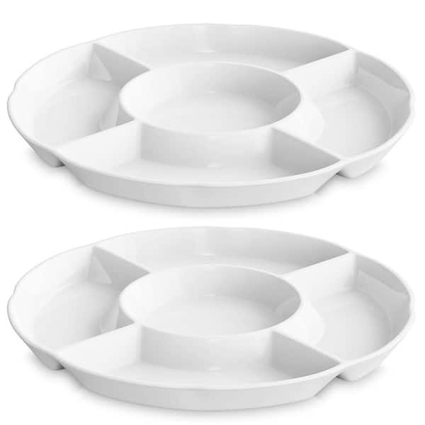 Set of 2 White Porcelain Chip and Dip Divided Serving Dishes 11.8 in. Flower Shape 5-Compartment Veggie Snack Unit