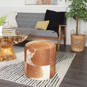 16 in. Brown Handmade Leather Stool with Patchwork Pattern