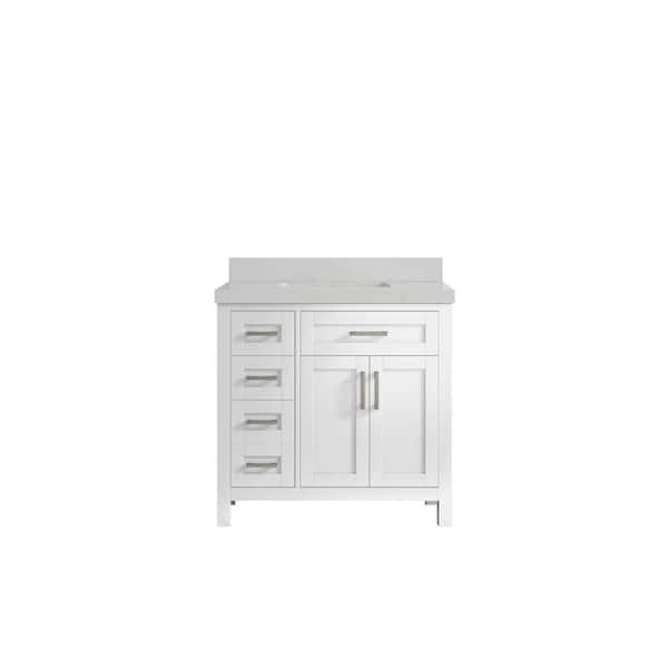 Willow Collections Cambridge 36 in. W x 22 in. D x 36 in. H Center Sink Bath Vanityin White with 2 in. Carrara Quartz Top
