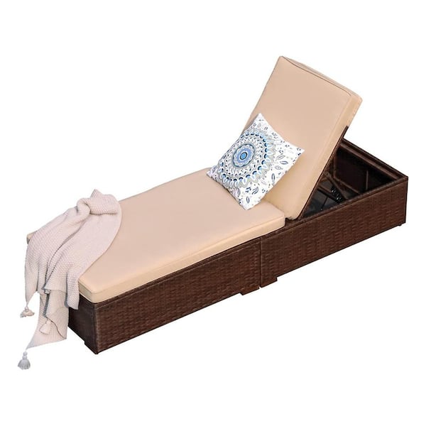 Anvil Brown PE Rattan Outdoor Patio Pool Beach Chaise Lounge with Beige Cushion, Adjustable Backrest and Weather Cover