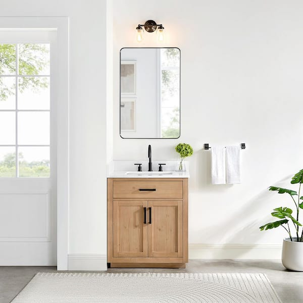 Gavino 30 in. Single Sink Bath Vanity in Light Brown with Grain White Engineered Stone Top and Mirror