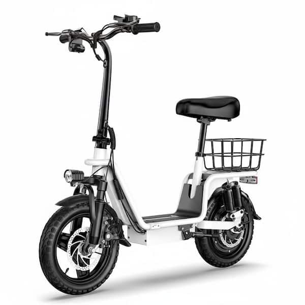 14 in. White Folding Electric Bike for Adults 500-W Motor 48-V Battery