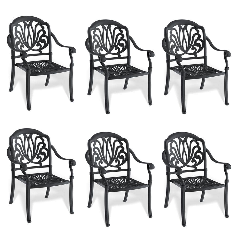 Matte Black Cast Aluminum Dining Chairs with Cushions, Set of 6