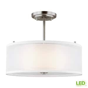 Elmwood Park 15 in. 2-Light Brushed Nickel Semi-Flush Mount with Satin Etched Glass Shade with LED Bulbs