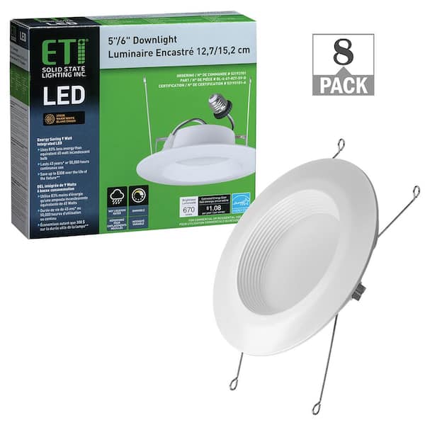 ETI LIGHTING 5 in./6 in. 2700K Warm White Integrated LED Recessed Trim Downlight 670 Lumens Wet Rated Dimmable (8-Pack)