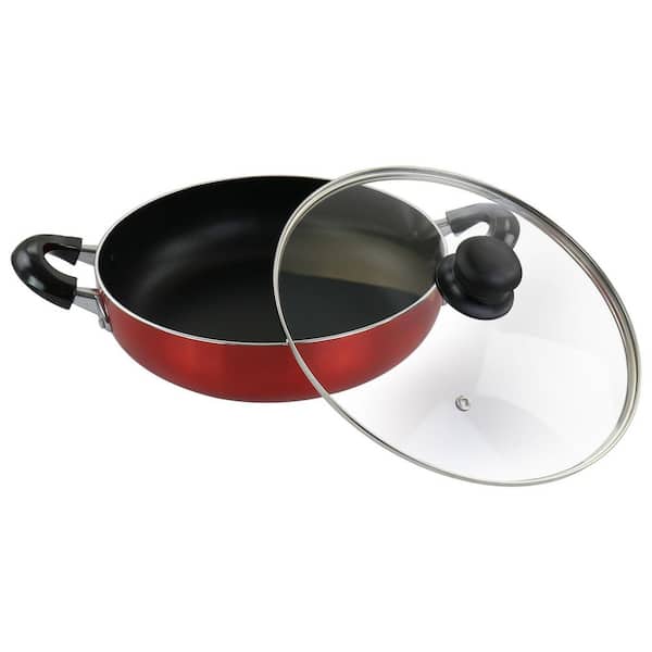 Chef's Deep Frying Pan 11 Non Stick Chicken Fryer Saute Pan W/ Glass Lid  Red