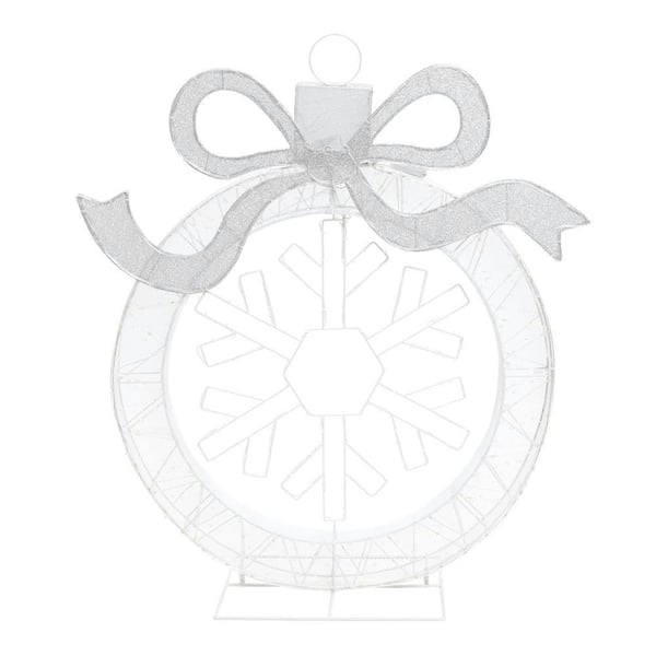 40 in. Lighted Ornament and Snowflake Wreath, Silver and White Outdoor Christmas Decoration