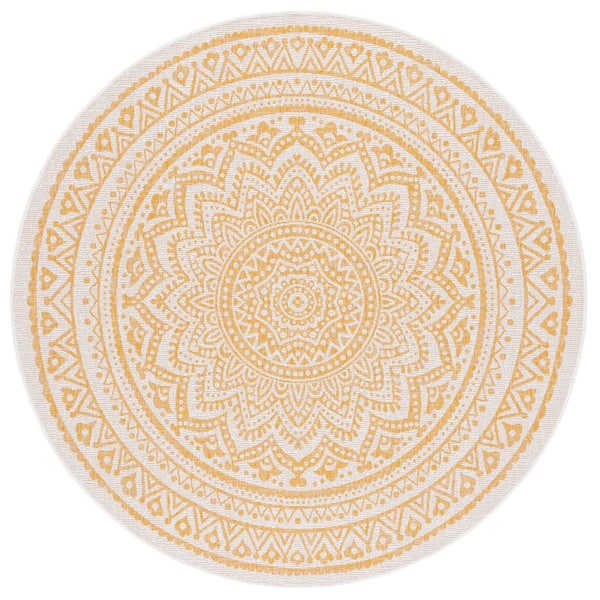 Courtyard Ivory/Gold 7 ft. x 7 ft. Medallion Indoor/Outdoor Round Area Rug