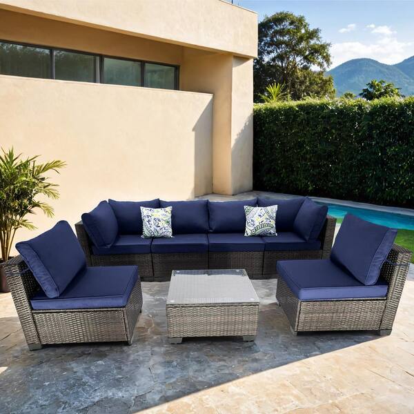 Unbranded Brown 7-Pieces Vertical backrest Wicker Outdoor Fabric Sofa Sectional Set with Dark Blue Cushions