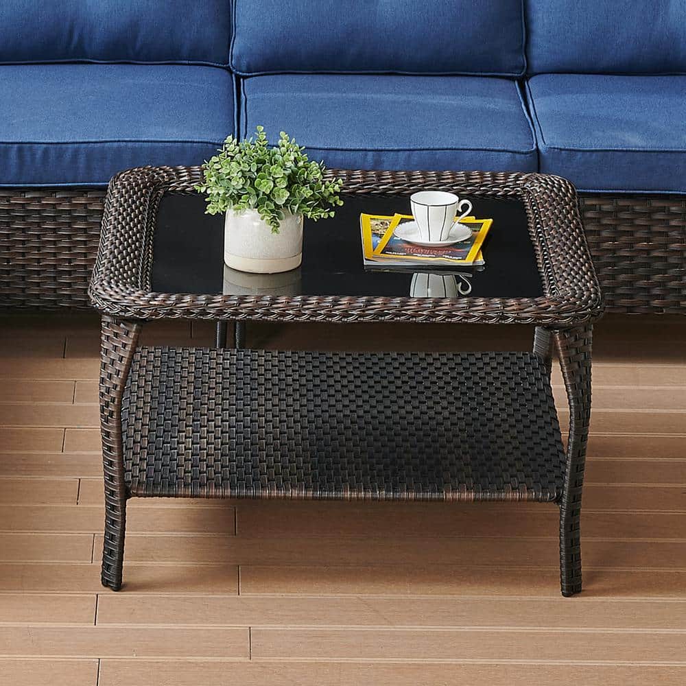 Pocassy Brown Square Wicker Outdoor Glass Large Side Table PJ060 - The ...