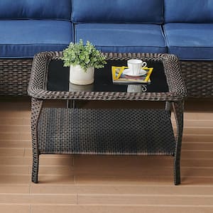 Brown Square Wicker Outdoor Glass Large Side Table