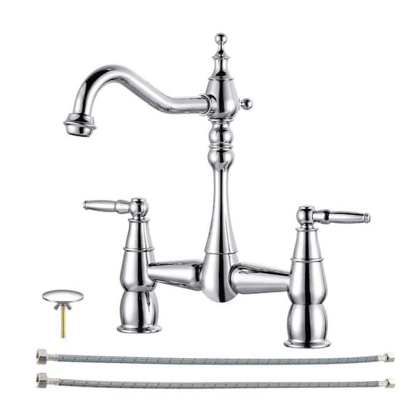 Deck Mounted Double Handle Bridge Kitchen Faucet, Bridge Basin Faucet with Hole Cover in Polished Chrome