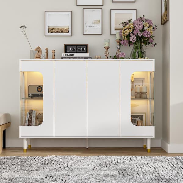 FUFU&GAGA White Wood 55.1 in. W Sideboard, buffet, Display Cabinet with LED Lighting, Glass Doors