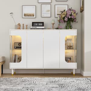 White Wood 55.1 in. W Sideboard, buffet, Display Cabinet with LED Lighting, Glass Doors