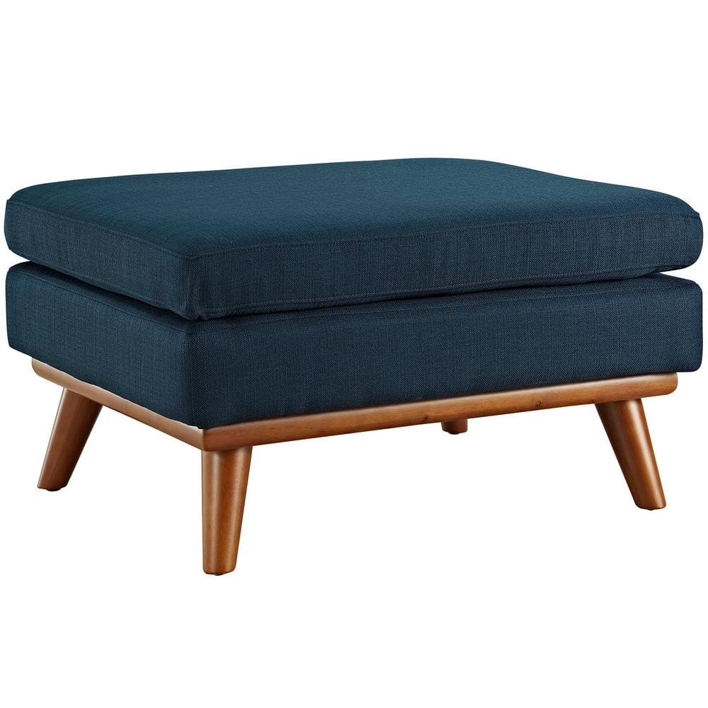 Mid-Century Azure Tufted Fabric Ottoman with Cherry Stained Rubberwood Frame