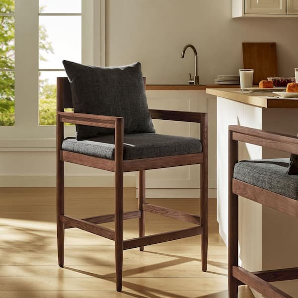 MODWAY Remington 26 in. Counter Height Stool in Charcoal-Counter Wood Kitchen Island Chair with Back, Armrests and Cushion