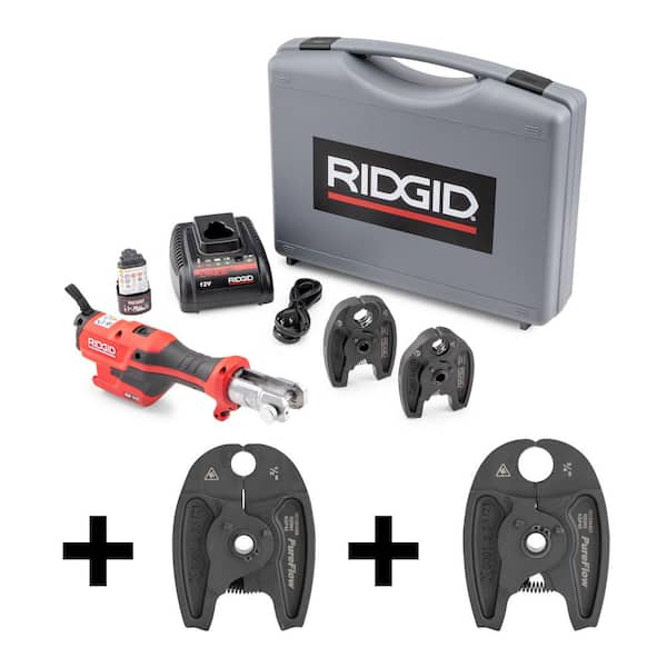 RIDGID RP 115 Mini Press Tool Kit for 1/2 in. - 3/4 in. Copper & Stainless Fittings + 2 Pureflow Jaws (1/2 in. and 3/4 in. PEX)