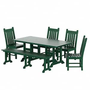 Hayes 6-Piece All Weather HDPE Plastic Rectangle Table Outdoor Patio Dining Set with Bench in Dark Green