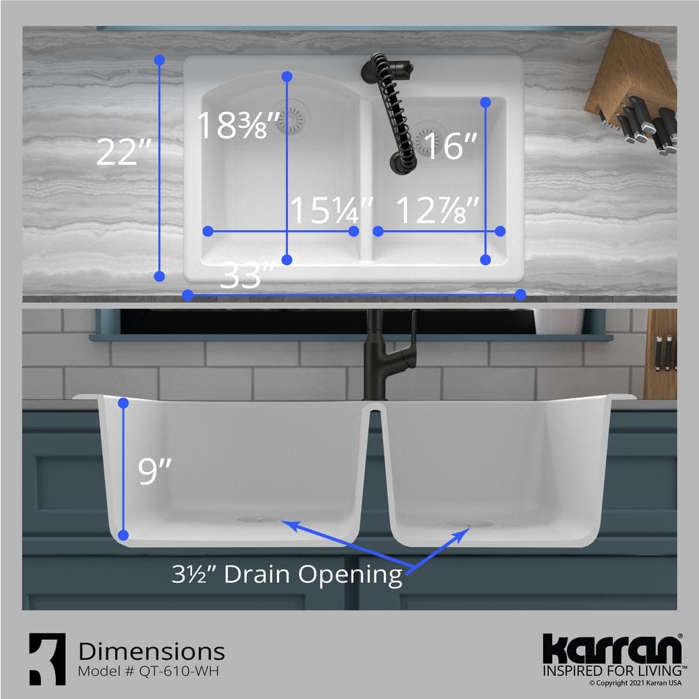 White Quartz Composite Double Bowl Kitchen Sink, 33" x 22"