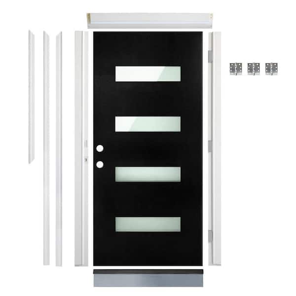 36 in. x 80 in. Right-Hand 4 Lite Frosted Glass Black Fiberglass Front Door Kit with Quick Assemble Jamb and Brickmould