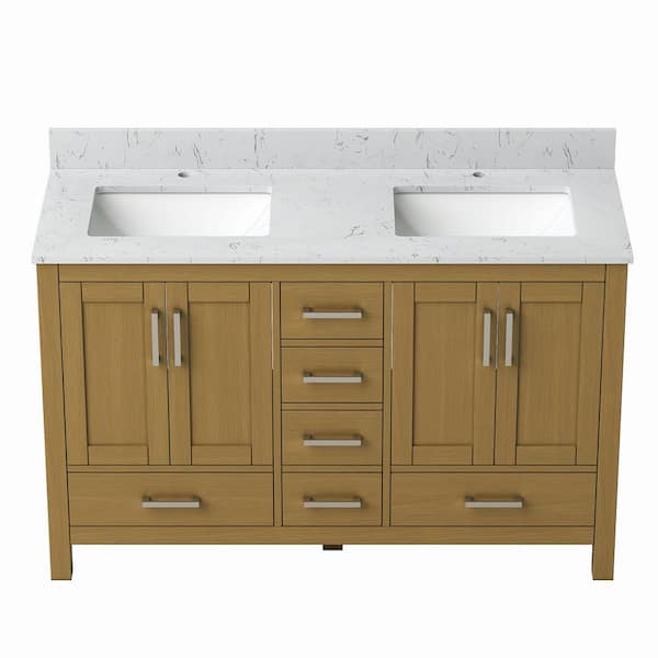 Aeterna 55 in. W Double Sinks Freestanding Bath Vanity in Desert Oak with White Carrara Cultured Marble Top