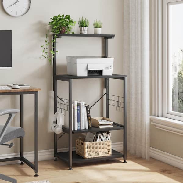 Black 4-Shelf Wood 23.6 in. Kitchen Baker's Rack with Microwave Oven Stand, Sliding Shelve, Wheels and Hooks