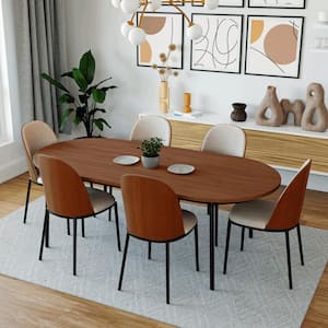 Tule 7 Piece Dining Set in Steel with 6 Velvet Seat Dining Chairs and 71 in. Oval Dining Table, Walnut/Beige