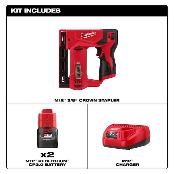 Milwaukee - M12 12-Volt Lithium-Ion Cordless 3/8 in. Crown Stapler with M12 Compact 2.0 Ah Battery (2-Pack) Starter Kit and Charger