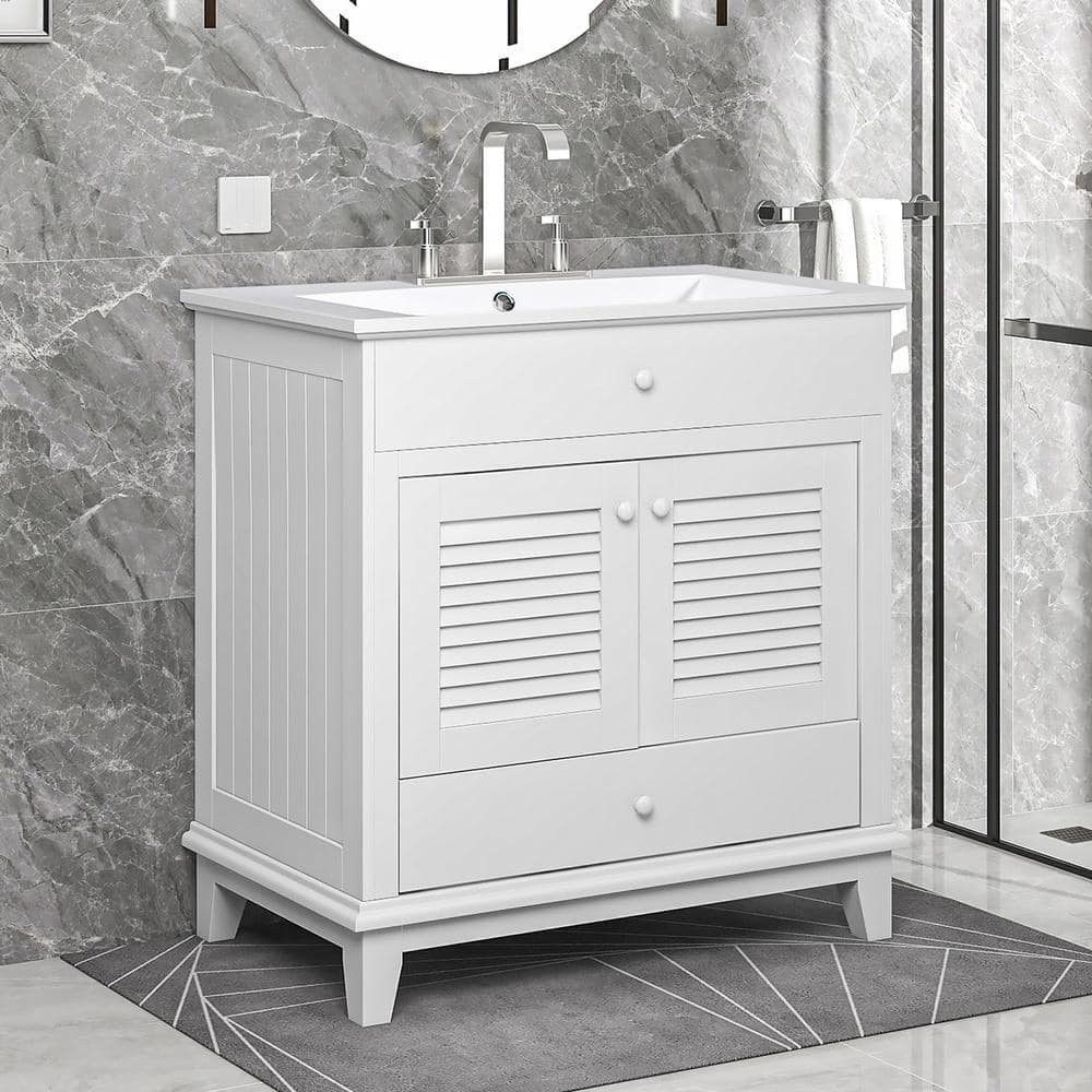30 in.W x 18 in.D x 31.02 in. H White Bathroom Vanity, with Two Doors and O