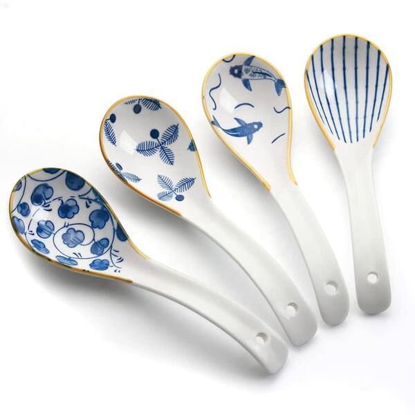 Celadon Ceramic Asian Soup Spoons with Vintage Japanese Glaze Pattern, Set of 4, 6.3 Inch