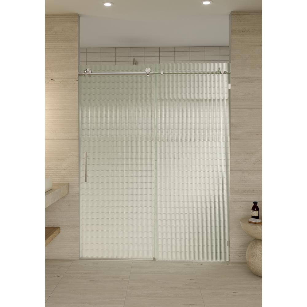 Galaxy 60 in. x 78 in. Frameless Fluted Glass Sliding Shower Door in Brushed Nickel