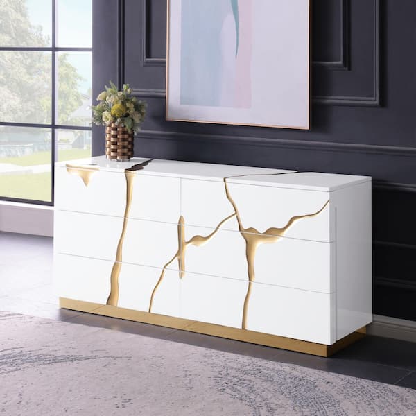 Eclipse 65 in. W White Modern 6-Drawer Dresser with Gold