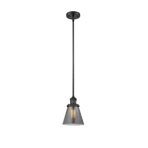 Cone 1-Light Matte Black Shaded Pendant Light with Plated Smoke Glass Shade