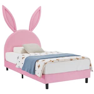 Upholstered Twin Daybed Frame for Kids, Pink Twin Platform Bed with Carton Ears Shaped Headboard