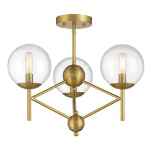 Auresa 20 in. 3-Light Soft Brass Globe Semi-Flush Mount with Clear Glass Shades