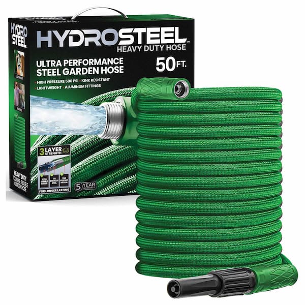 HydroSteel 5/8 in. Dia x 50 ft. Heavy-Duty Green Flexible Light-Weight Stainless Steel 3-Layer Strength Water Hose
