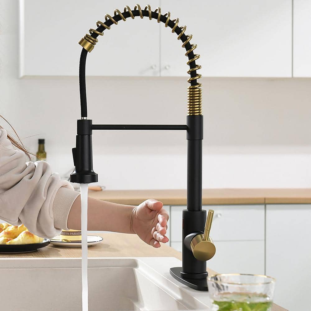 Black and Gold Touchless Pull Down Kitchen Faucet with Sprayer