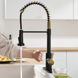 Single Handle Touchless Pull Down Sprayer Kitchen Faucet with Deckplate in Black and Gold