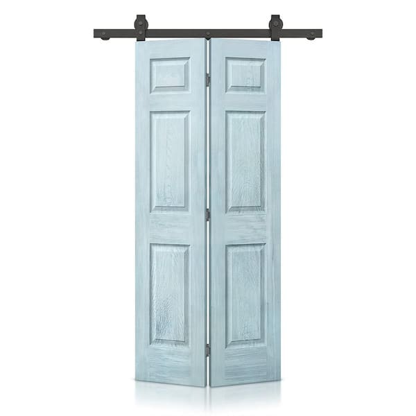 CALHOME 30 in. x 84 in. Vintage Denim Blue Stain 6-Panel MDF Hollow Core Composite Bi-Fold Barn Door with Sliding Hardware Kit
