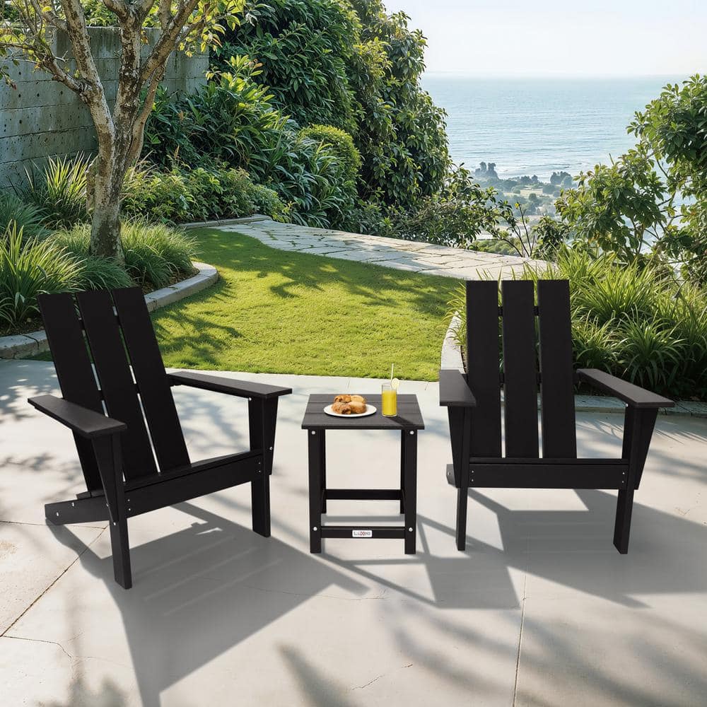 Arcadia Black HDPE 3-Piece Outdoor Adirondack Chair and Table Set