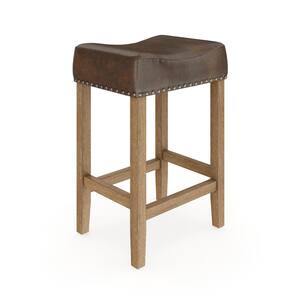 Nathan James Barker In Chestnut Wood Backless Counter Height Bar Stool With Brown Leather