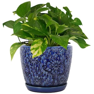 12 in. Lillian Blue Floral Decor Glazed Ceramic Planter (12 in. D x 10.2 in. H) with Drainage Hole and Attached Saucer