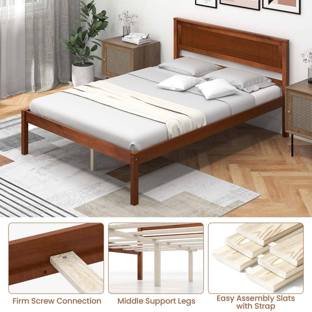 Brown Walnut Wood Frame Queen Size Platform Bed Frame with Headboard Mattress Foundation - thumbnail 9