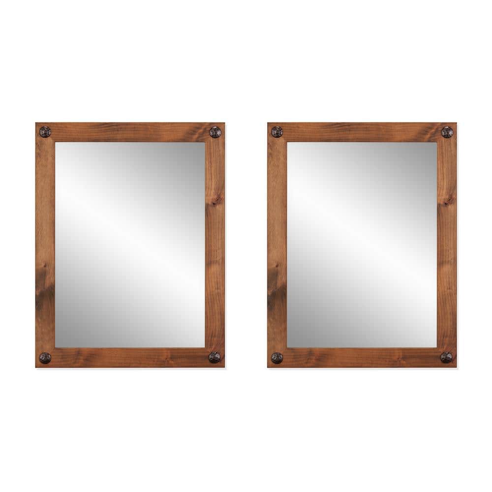 31 in. x 24 in. Farmhouse Rectangle Solid Wood Framed Walnut Decorative Nails Bathroom Vanity Wall Mirror (Set of 2)