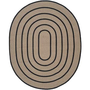 Braided Beige/Black 8 ft. x 10 ft. Oval Border Area Rug