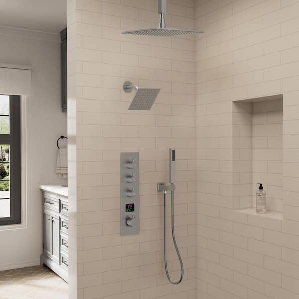 IntelliFlow 3-Color LED Quadruple Handle 7-Spray Shower Faucet 2.5 GPM with High Pressure, Anti Scald in Brushed Nickel